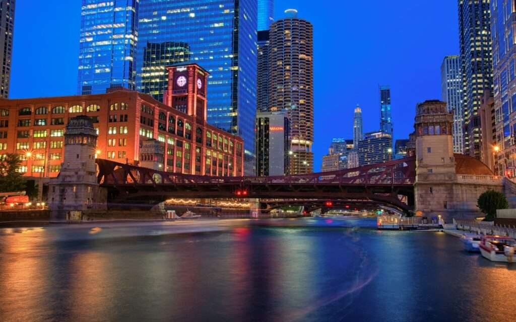 Chicago River and downtown towers at dusk